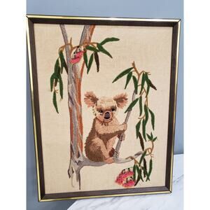 COMPLETE Vintage KOALA Framed Needlecraft Crewel Mod Retro 70s decor maximalist